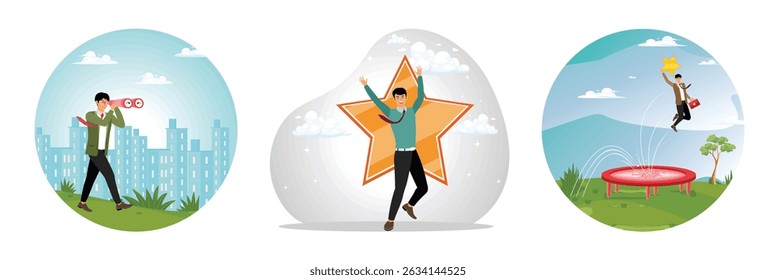 Curious businessman using binoculars, standing in a scenic area. Confidence businessman raising his arms with a star-shaped backdrop. Businessman bounce on trampoline jump flying high to grab star. 