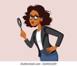 
Curious Businesswoman Holding a Magnifying Glass Vector Cartoon Illustration. Funny detective looking for clues and information
