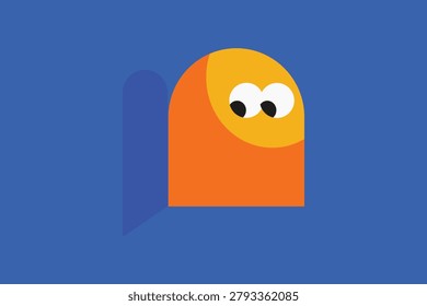 Curious cartoon creature with big eyes peeking out from a blue recess