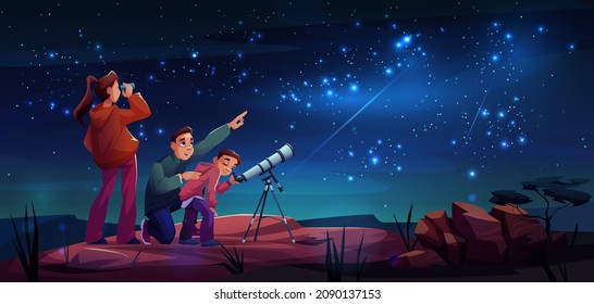 Curious cartoon family looks through telescope together on night sky background. Vector mother, father and son watching planets. Astronomy education, cosmos exploration and universe discovery