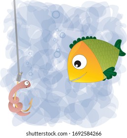 curious cartoon fish looks at a funny worm that sits on a hook, the worm is scared, vector illustration