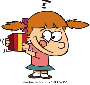 curious cartoon girl shaking a present