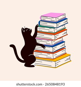 A curious cat climbing a tall stack of books, playful and energetic with a cozy, homey atmosphere