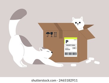 A Curious Cat Explores a Parcel, A spotted cat stretches beside an open cardboard box with another peeking out from within