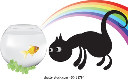 Curious cat and golden fish