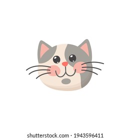 Curious cat head isolated kitten face in cartoon style. Vector snout of grey and white cat portrait. Cartoon funny feline animal with whiskers, hand drawn home pet. Funny yard kitten muzzle