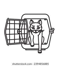 Curious cat leaving transport box vector line icon for International Cat Rescue Day on March 2nd