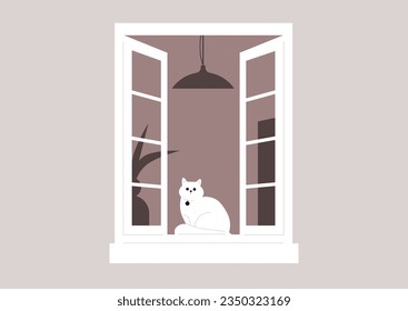 A curious cat perched on a windowsill, attentively watching the activities on the street