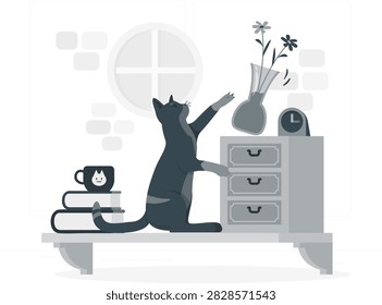 Curious Cat Playing with Flowers on Drawer in Cozy Interior Flat Vector