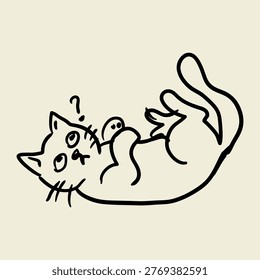 Curious Cat Playing with Toy Doodle Illustration Lying Kitty Thinking Pose Cute Pet Sketch Artwork