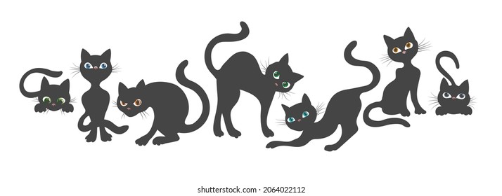 Curious cat poses. Funny happy playing curiously angry jumping catching scared kitten, young cats behaviors, active cartoon pussycat animal character different emotions vector isolated