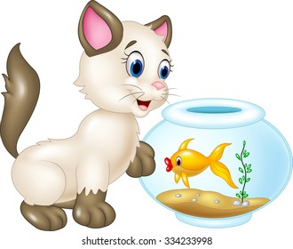 Curious cat with swimming fish isolated on white background 