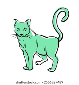 Curious cat with its tail raised stands and looks. Free hand Fat cute domestic pet illustration. Trendy doodle icon. Sketch style crooked vector.