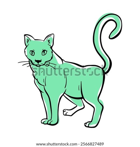 Curious cat with its tail raised stands and looks. Free hand Fat cute domestic pet illustration. Trendy doodle icon. Sketch style crooked vector.