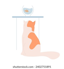 Curious cat watching on aquarium fish. Domestic family pet, fluffy kitten friend cartoon vector illustration