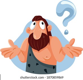 Curious Caveman Asking Questions Vector Cartoon. Neanderthal primitive human thinking and developing brain power
