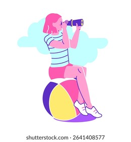 A curious character explores the horizon through binoculars, capturing the spirit of adventure, travel, and discovery. Hand-drawn vibrant summer journey concept