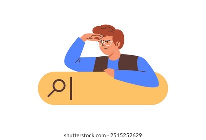 Curious character peeks out, looking from behind the yellow search bar. Magnifier. A man surfs the Internet, is interested, searching for information. Vector illustration isolated on white background.