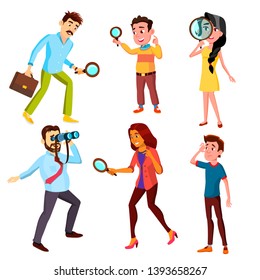 Curious Characters Looking Information Set Vector. Woman And Man Searching Through A Magnifying Glass, Male Watching In Binocular And Boy Looking Into Distance. Flat Cartoon Illustration