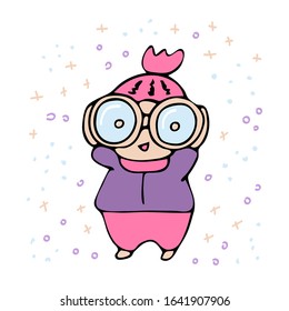 Curious child with binoculars. A boy or a girl in a hat and jacket is watching, showing interest. Surprise. Vector stock illustration on a white isolated background. curiosity, knowledge