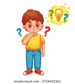Niño curioso pensando, haga una pregunta. Confundido niño reflexivo y bombilla. Idea creativa, educación, conocimiento, imaginación. Pensativo inteligente joven contemplación respuesta resolución. Vector