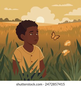 Un niño curioso en un prado brillante inundado de luz del sol observa una mariposa. Ilustración vectorial