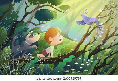 Curious Child and Dog Discover a Singing Bird in a Magical Forest. Childhood fairytales adventures and discovery in the nature. Vector cartoon forest illustration in watercolor style for children.