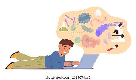 Curious Child Engrossed In Online Biology Lessons. Boy Character Exploring The Fascinating World Of Science On A Laptop With Eager Eyes And A Thirst For Knowledge. Cartoon People Vector Illustration