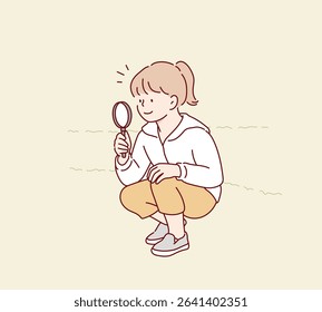 Curious Child Exploring Nature with Magnifying Glass. Hand drawn style vector design illustrations.