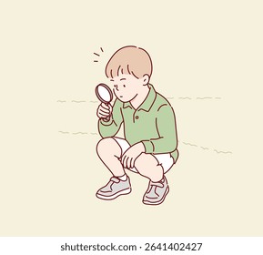Curious Child Exploring Nature with Magnifying Glass. Hand drawn style vector design illustrations.