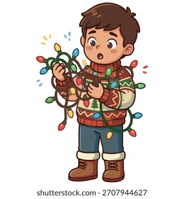 Curious child holding a bunch of tangled festive string lights, cute holiday vector clipart