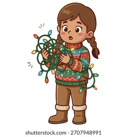 Criança curiosa segurando um emaranhado de luzes coloridas de cordas festivas, clipart de vetor