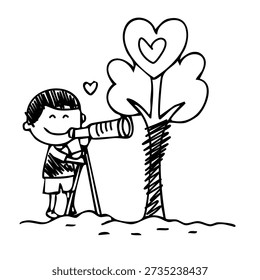curious child observing nature and love through a scientific lens in garden