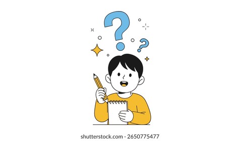 Curious child with pencil and notebook thinking of ideas and solutions to problems