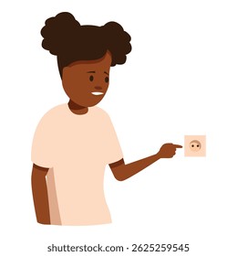 Curious child pointing at a covered electrical outlet, promoting home safety and preventing electrical hazards for toddlers