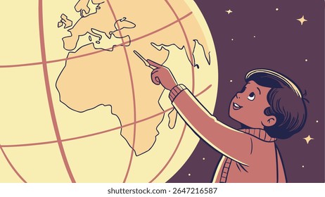 Curious child points at a world globe under a starry sky, exploring geography and global possibilities. Concept of education, discovery, and future.