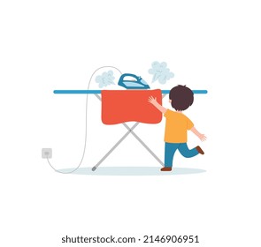 Curious child runs to touch hot iron, flat vector illustration isolated on white background. Concept of safety when using electrical appliances. Kid plays with electrical tool.