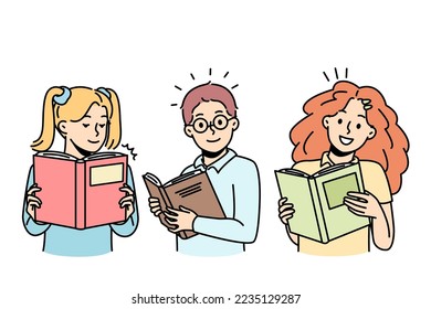 Curious children love to read paper books. Portraits of smart schoolchildren looking at open encyclopedias. Boy, girls hold textbook in hands. Vector outline colorful set isolated on white background.