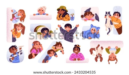 Curious children peeking, looking out. Interested kids peep from behind walls. Happy boys and girls pointing finger, search, eavesdrop. Curiosity concept. Flat vector illustrations isolated on white