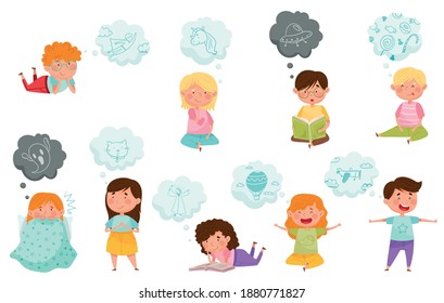 Curious Children Reading Book and Dreaming Vector Set