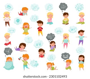 Curious Children Reading Book and Dreaming Big Vector Set