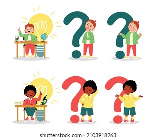 Curious And Confused School Boys Thinking About The Problem, Cartoon Vector Illustration Isolated On White Background. Set Of Cute Child Characters In Front Of Big Question Mark And Light Bulb.