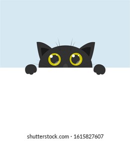 curious cute black cat with big yellow eyes, cartoon flat vector illustration with  blank banner for text poster