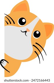 A curious cute fat orange cat hides and peeks in cartoon style