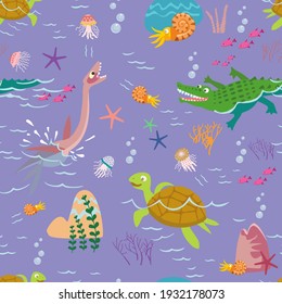 Curious dinosaurs, lizards, crocodile, turtle under water. Seamless patterns. Vector illustration on a purple background.