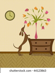 curious dog trying to get a flower, standing in a vase on the bedside table