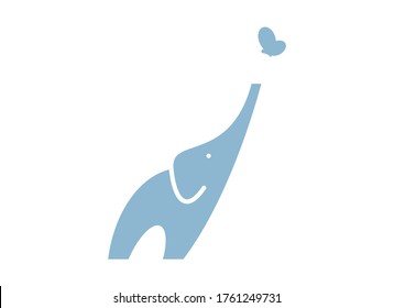 Curious elephant reaching up with its trunk to touch a butterfly. Vector logo