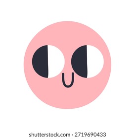 Emojis curiosos face olhando para o lado, emoção interessada, expressão alegre feliz feliz. Personagem redondo bonito com sorriso cômico, olhos laterais, curiosidade. Ilustração de vetor plano isolada no plano de fundo branco
