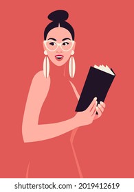 A curious and enthusiastic woman is standing and holding a book in her hands. A student is reading a book. Libraries and bookstores. Vector flat illustration