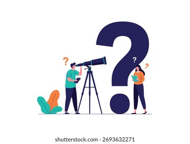 Curious explorers searching for answers with a telescope and a notebook amid a large question mark symbolizing uncertainty and discovery